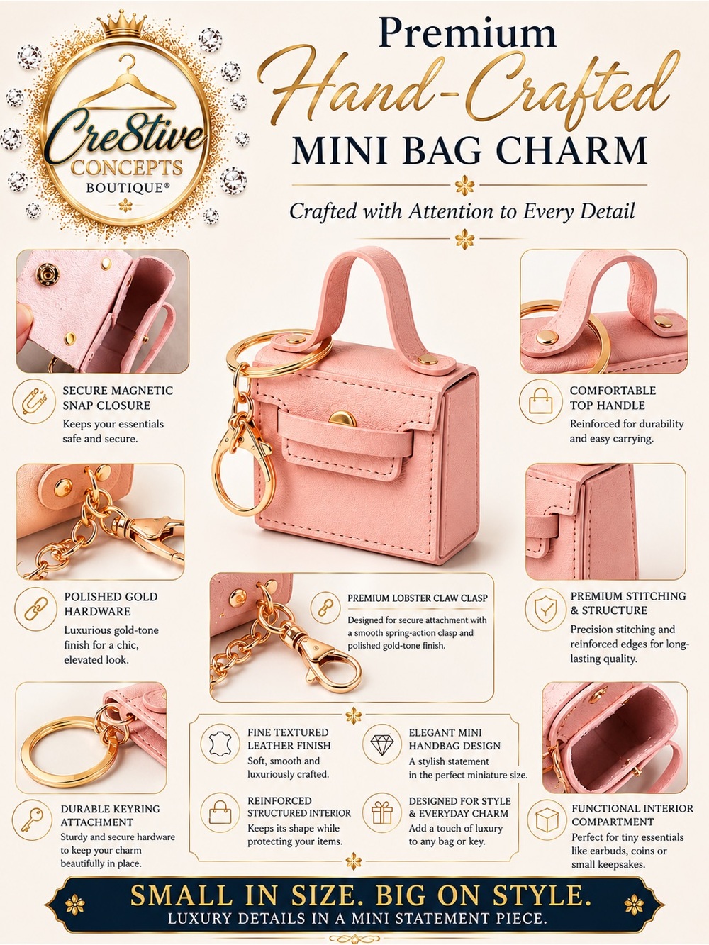 Mini Hand-Crafted Bag Charm Keychain – Yellow Gold Hardware - Picture 4 of 7